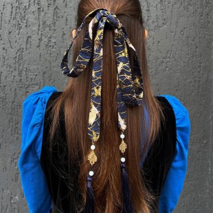 Стрічка для волосся у китайському стилі "Журавлі" Синя